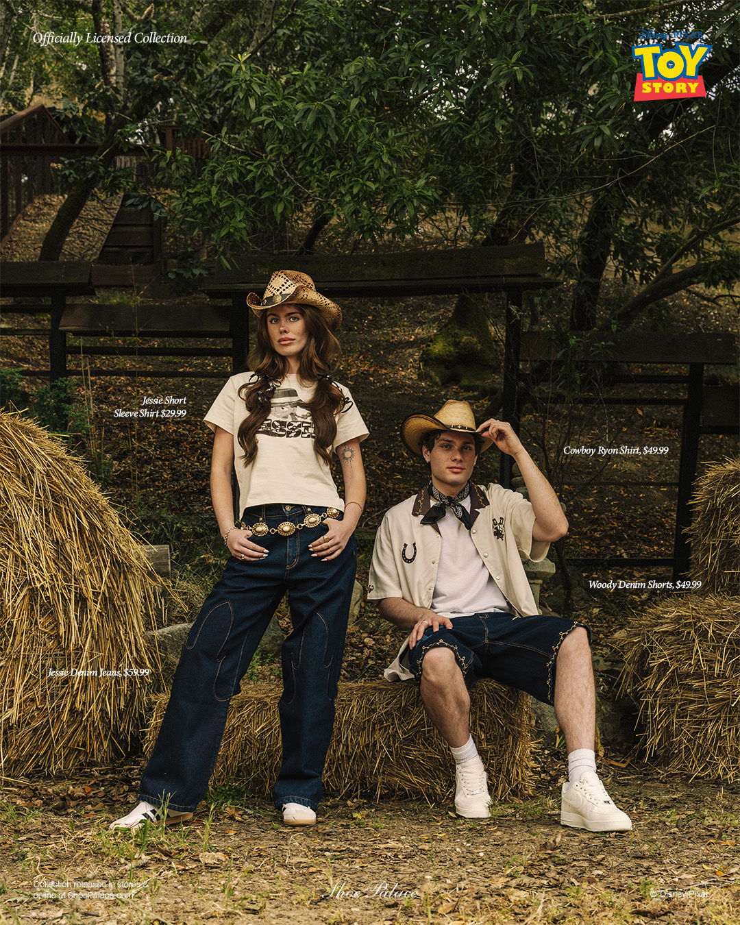 Two people in cowboy attire posing near hay bales.