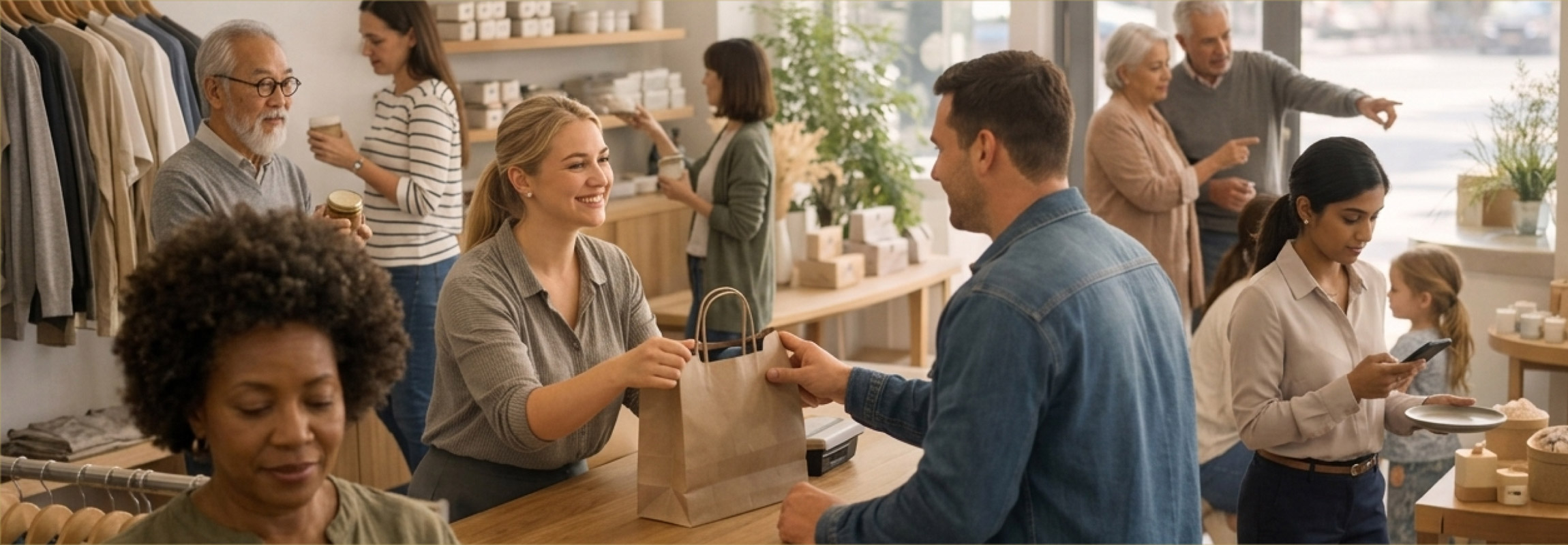 Busy retail store with staff assisting customers at checkout, illustrating improved operations, safety, and customer experience with business security solutions