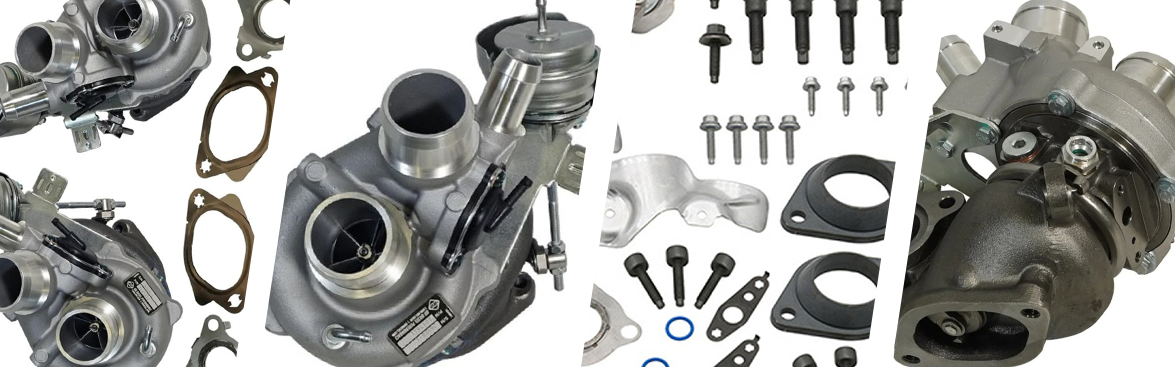 Photo collage of turbo kits and various gaskets and hardware. 