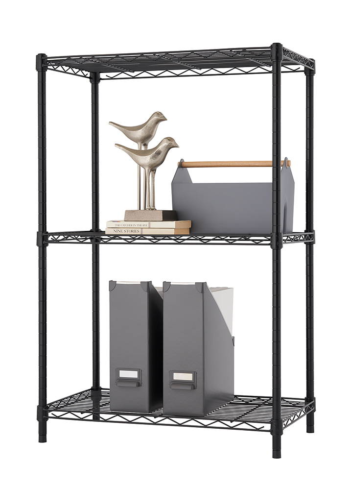 Three tier shelving unit with decorative items on shelves