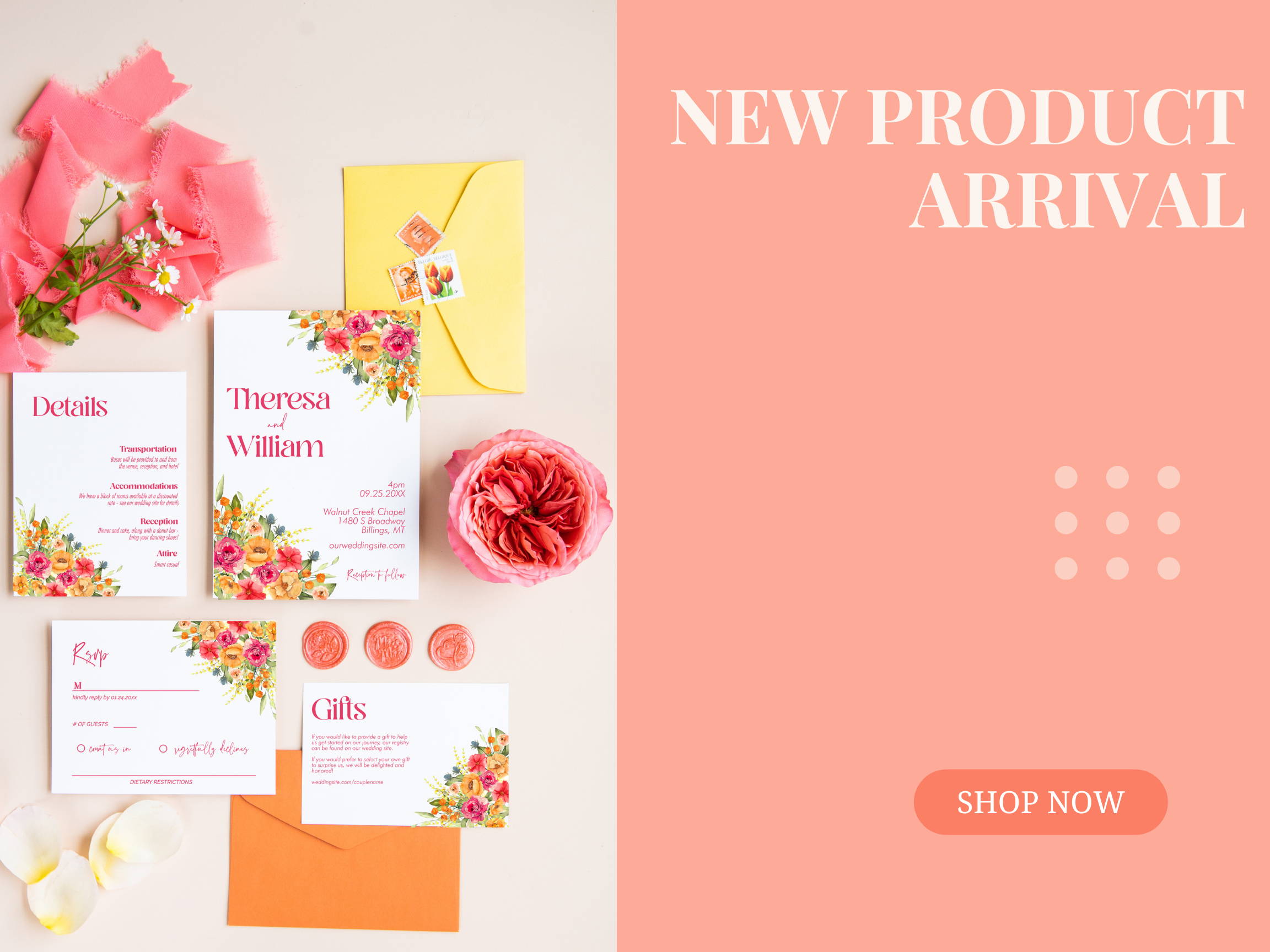 A New Product Arrival announcement featuring the bright and cheerful suite with multicolored envelopes and flowers  