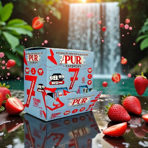 Box of Pure product with strawberries near a waterfall.
