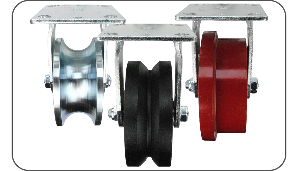 Steel & Nylon plate casters with V-groove, U-groove & flanged wheels designed to roll on angle iron, rail & tracks. Up to 2,000 lbs capacity