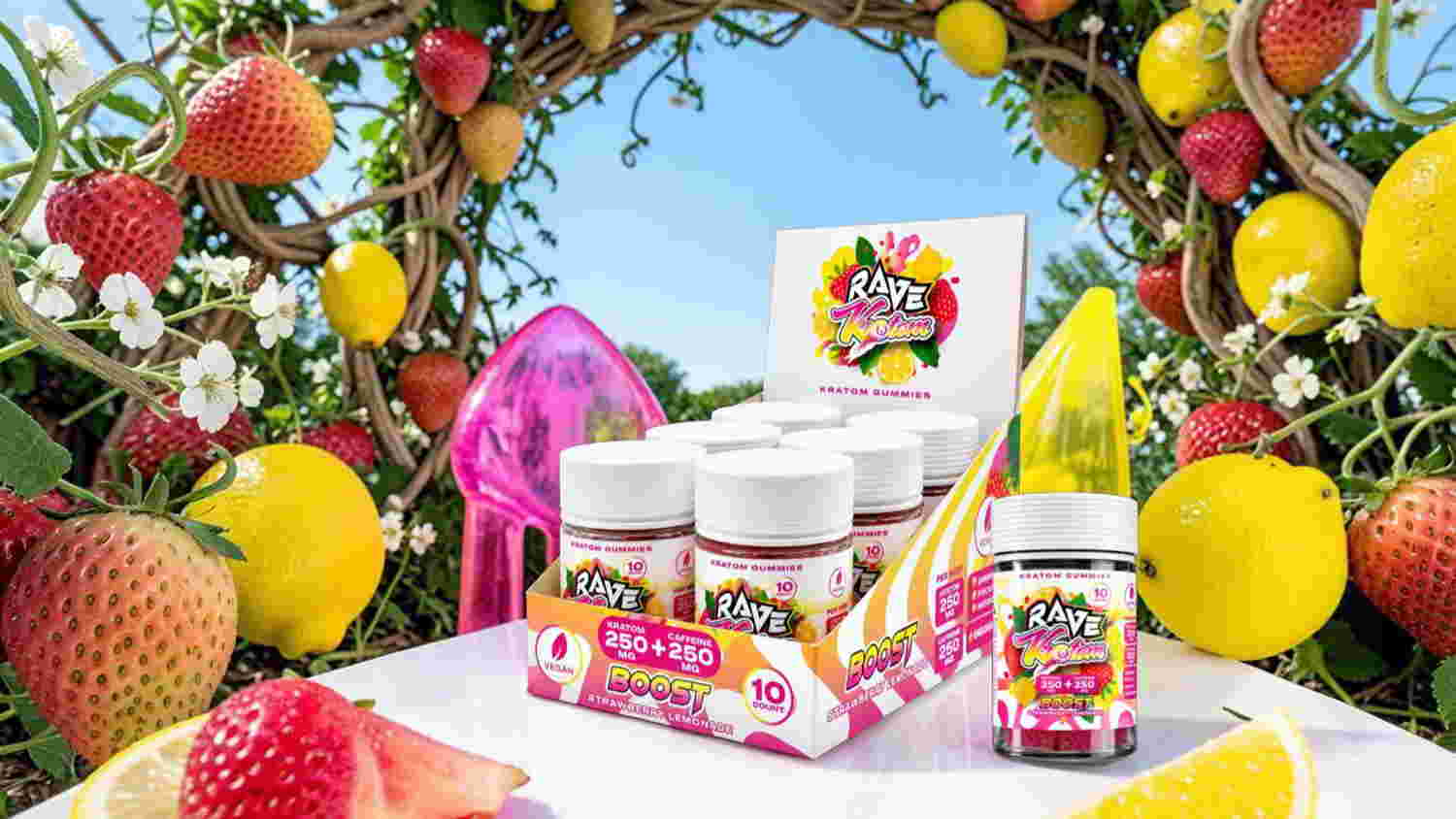 Bottles of vitamins surrounded by fruits and colorful packaging.