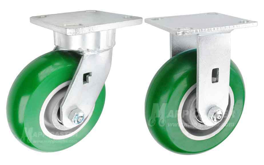 CG-Max Green Polyurethane on aluminum plate casters - Best Rolling, Heavy duty ball bearings, rust resistant, floor protective, non marking, nsf certified