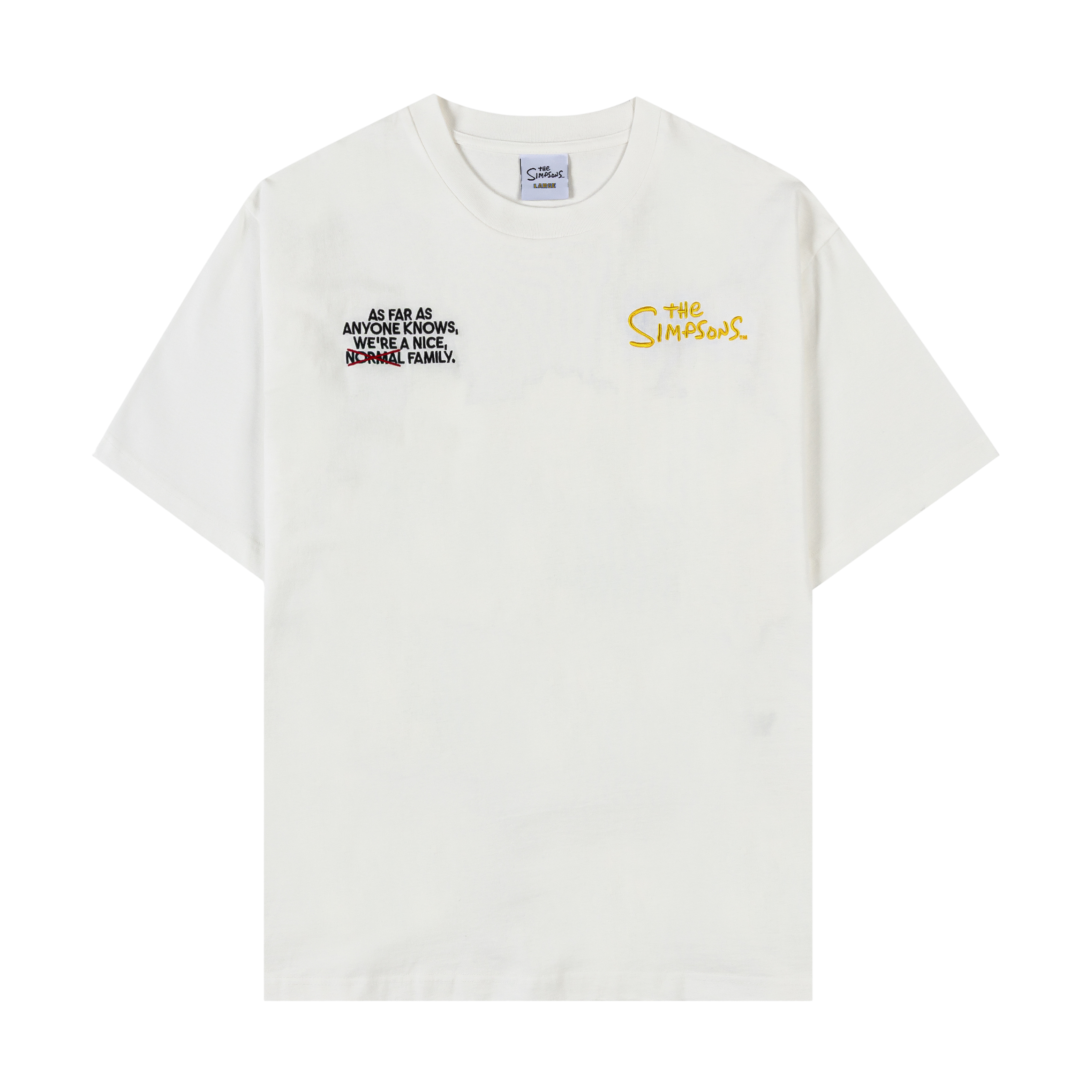 White t-shirt with graphic designs and text on the front.