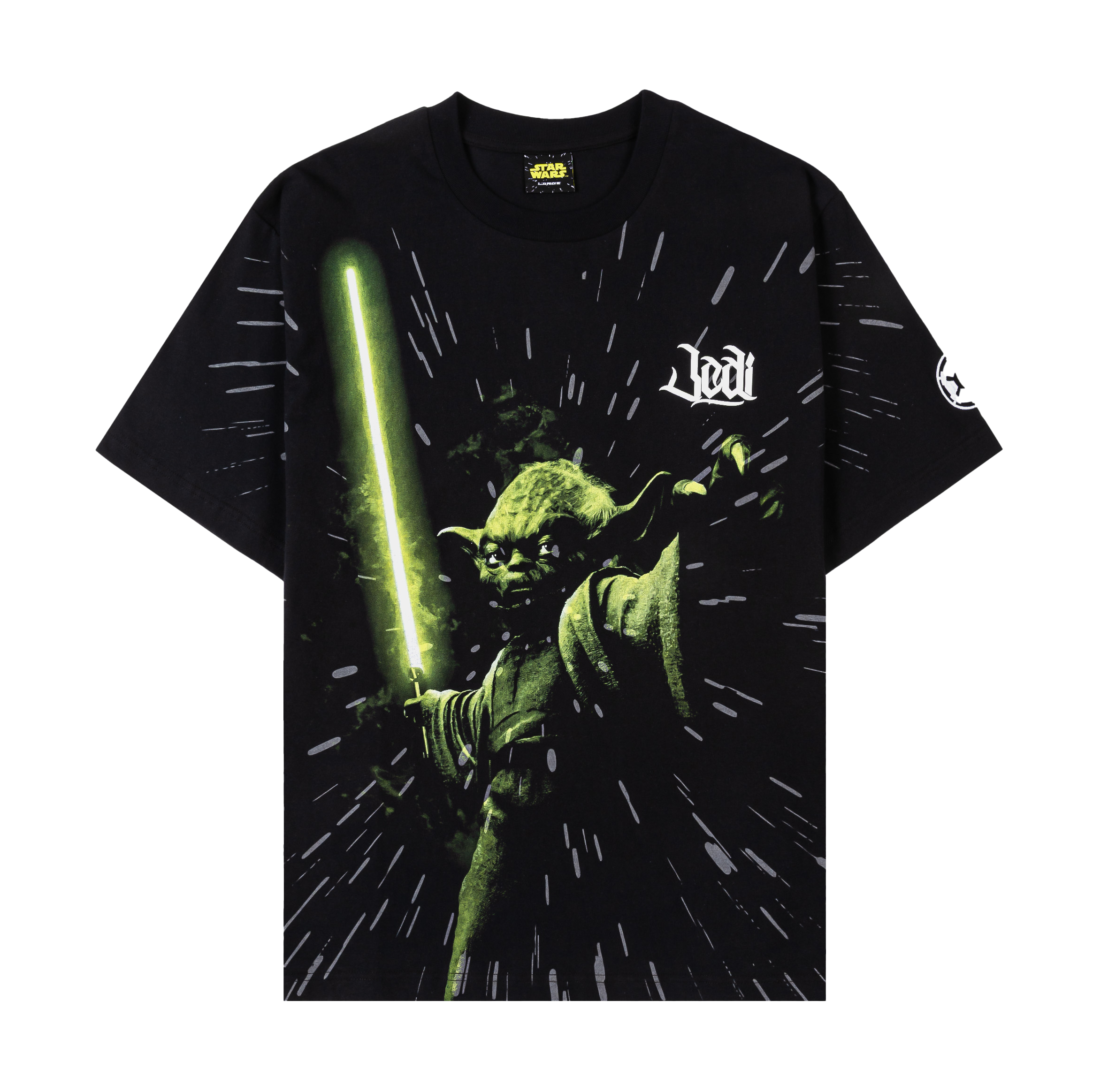 Black t-shirt featuring Yoda wielding a lightsaber with a glowing effect.