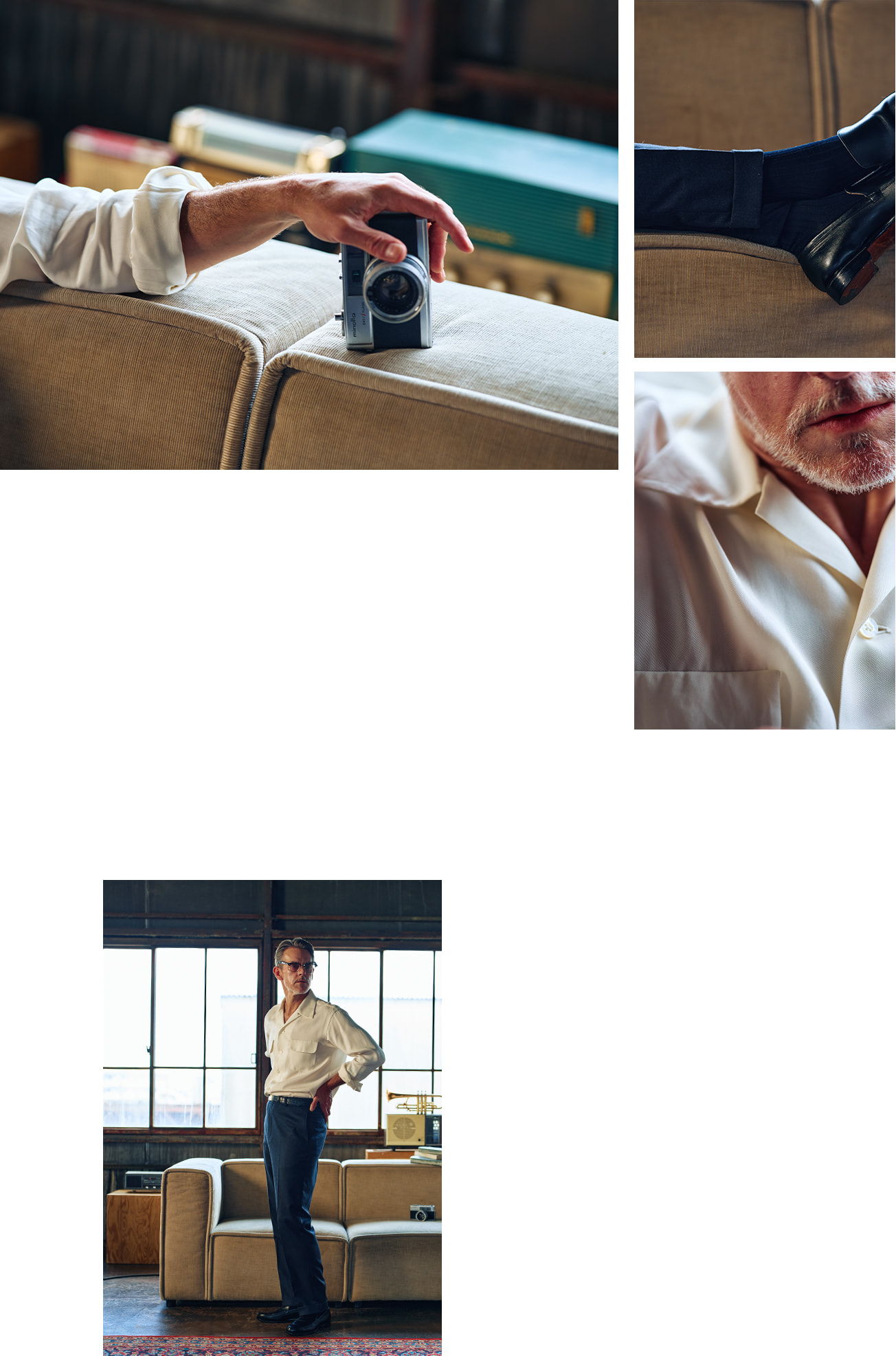 Person in a white shirt interacting with a camera on a couch.