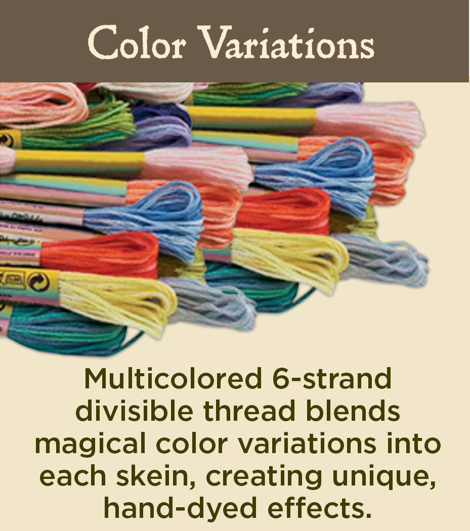 Color Variations: Multicolored 6-strand divisible thread blends magical color variations into each skein, creating unique, hand-dyed effects.