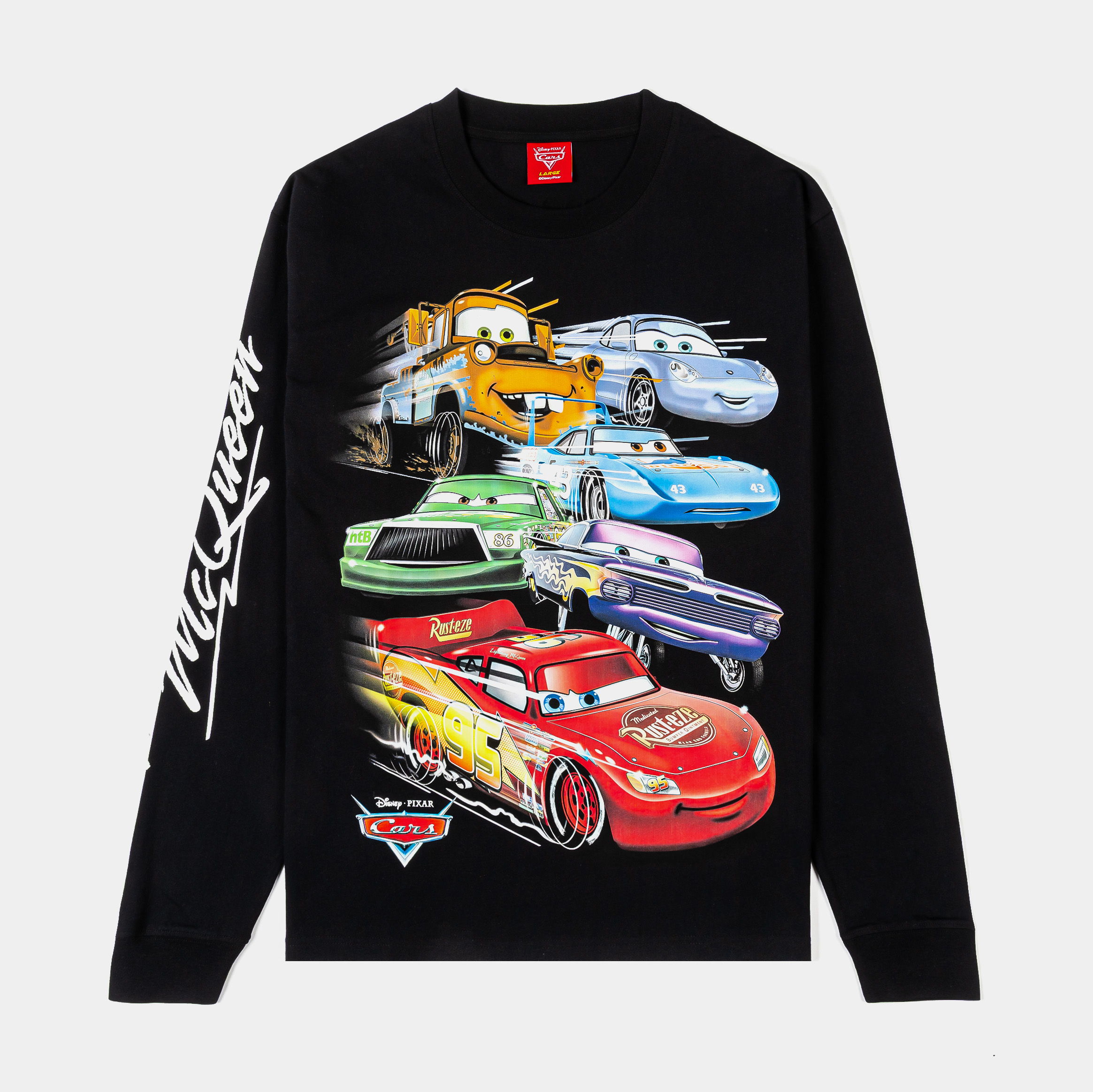 Black long-sleeve shirt featuring colorful cartoon cars from the movie 