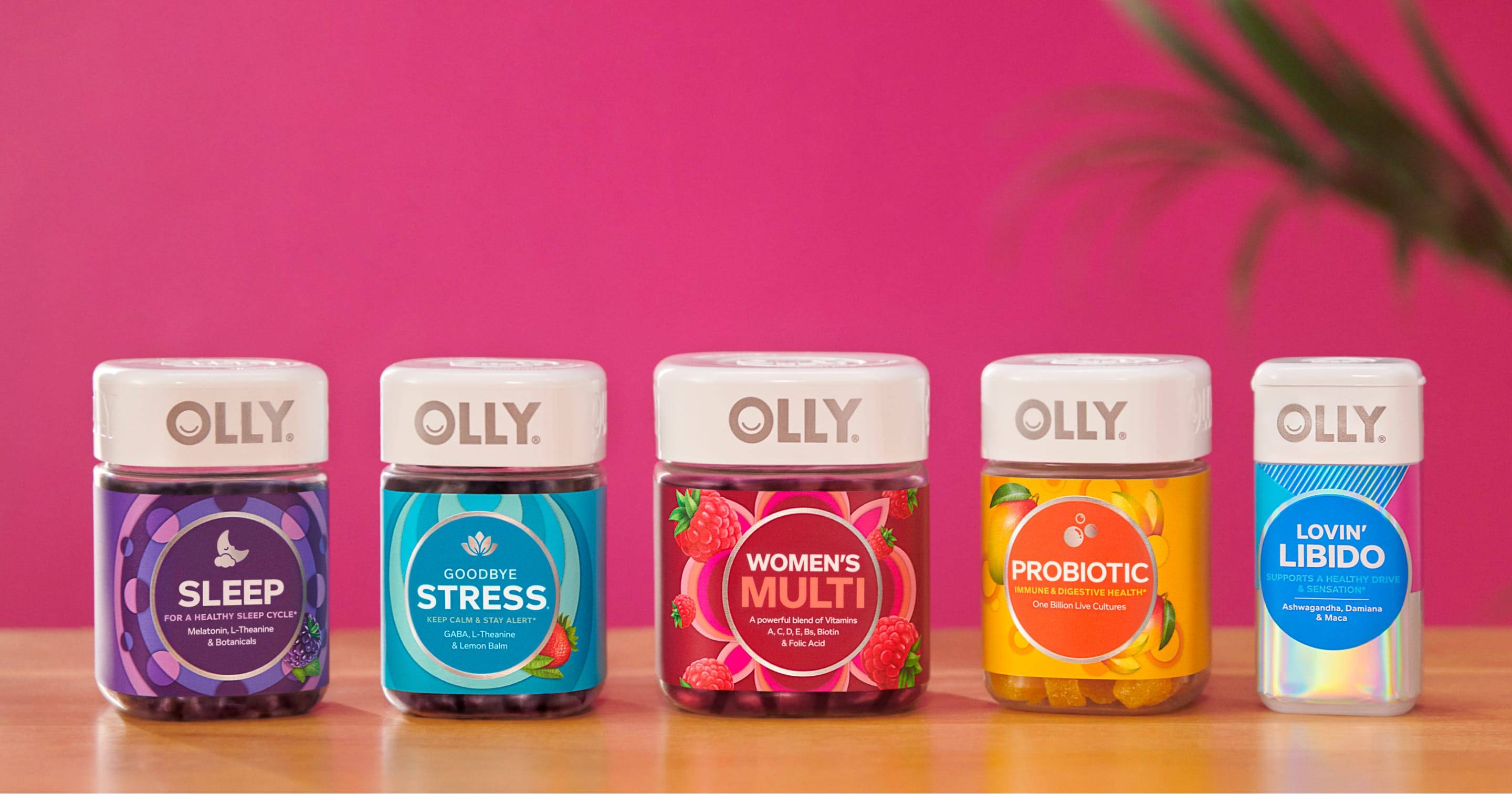 5 products on a table – OLLY Sleep, OLLY Goodbye Stress, OLLY Women’s Multi, OLLY Probiotic and OLLY Lovin’ Libido