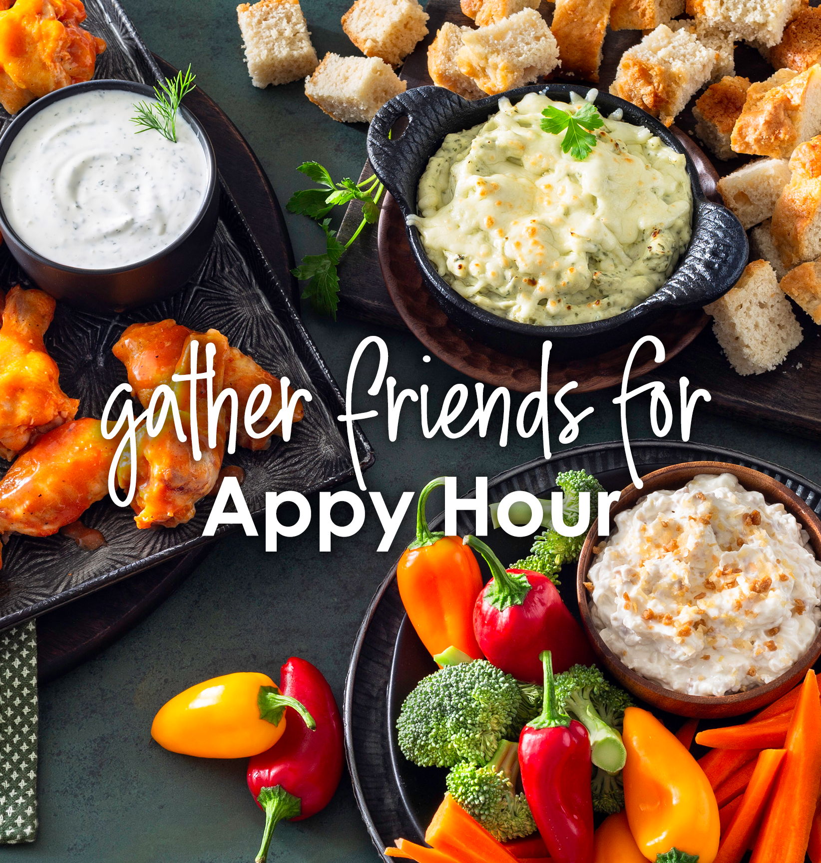 Gather friends for Appy Hour. Image featuring buffalo wings, pinwheel sandwiches, vegetables, bread cubes, and creamy dips. View Appy Hour product page
