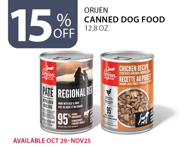 15% off Orijen canned dog food 12.8 oz. Available Oct 29 to Nov 25
