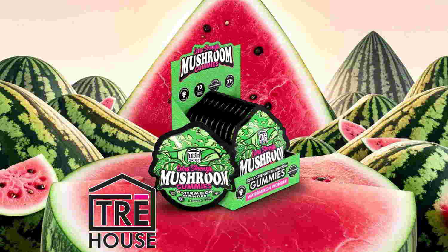 Mushroom product packaging in a whimsical watermelon background.