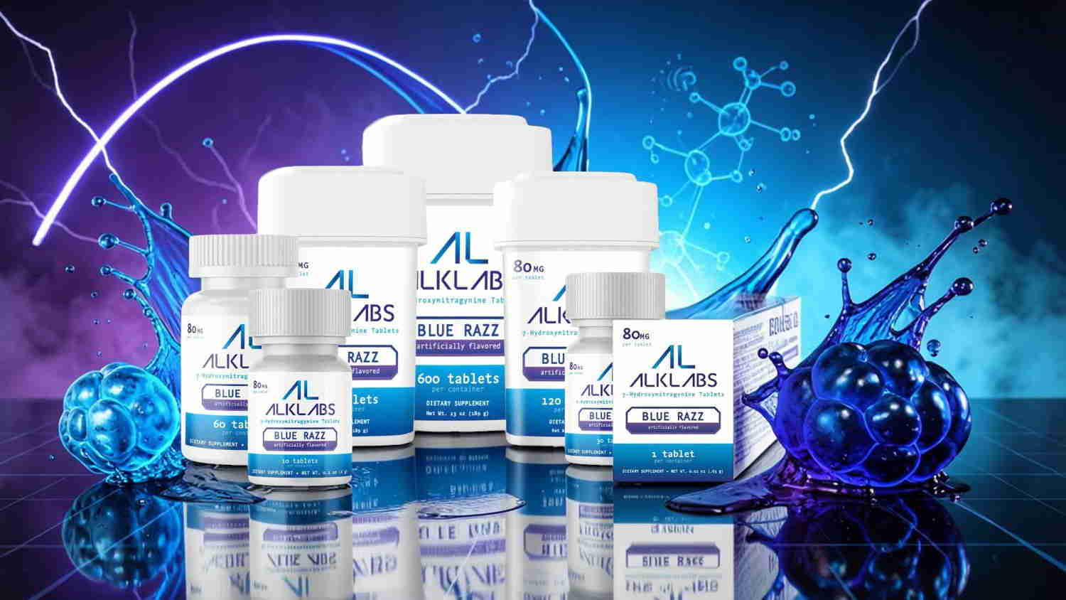 Various health supplement bottles against a colorful, scientific background.