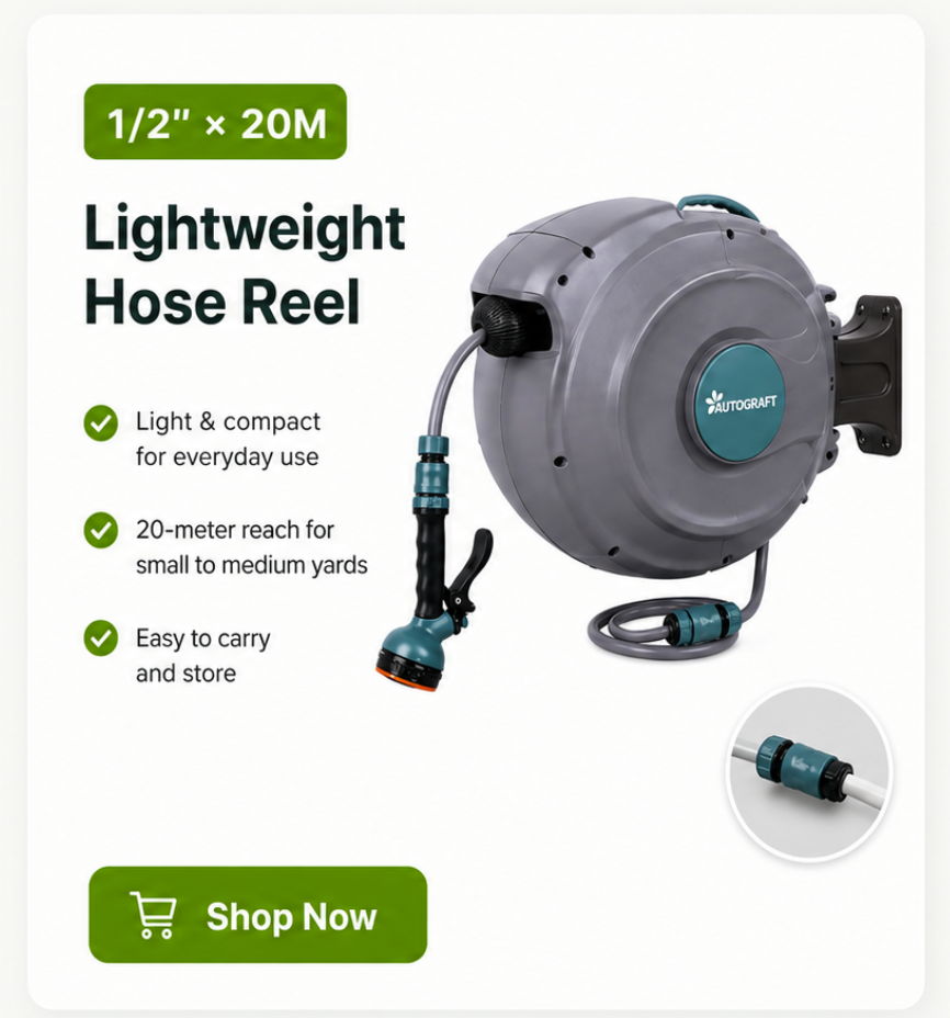 Lightweight hose reel with 20-meter reach, easy to carry and store.