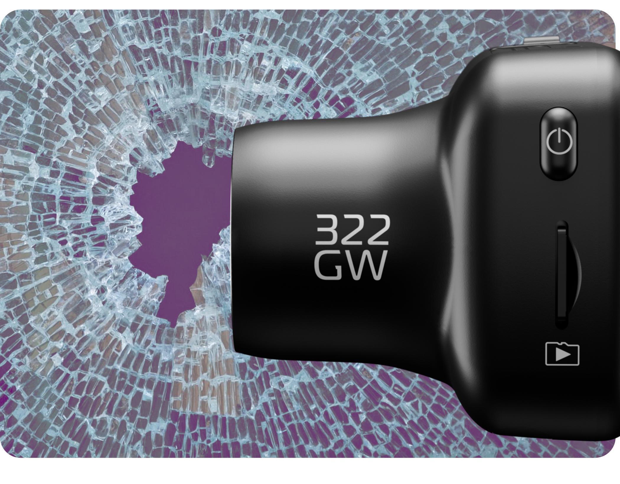 Nextbase 322GW dash cam next to a shattered glass banner.