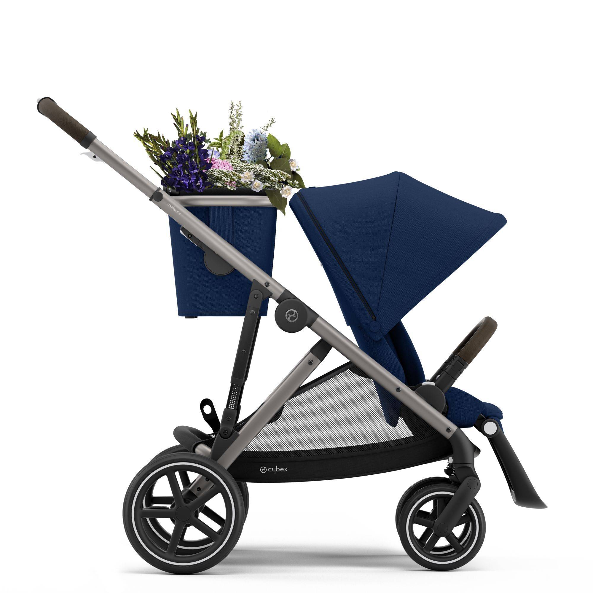 the Cybex Gazelle S stroller with top basket, flowers in basket, shop Kidsland