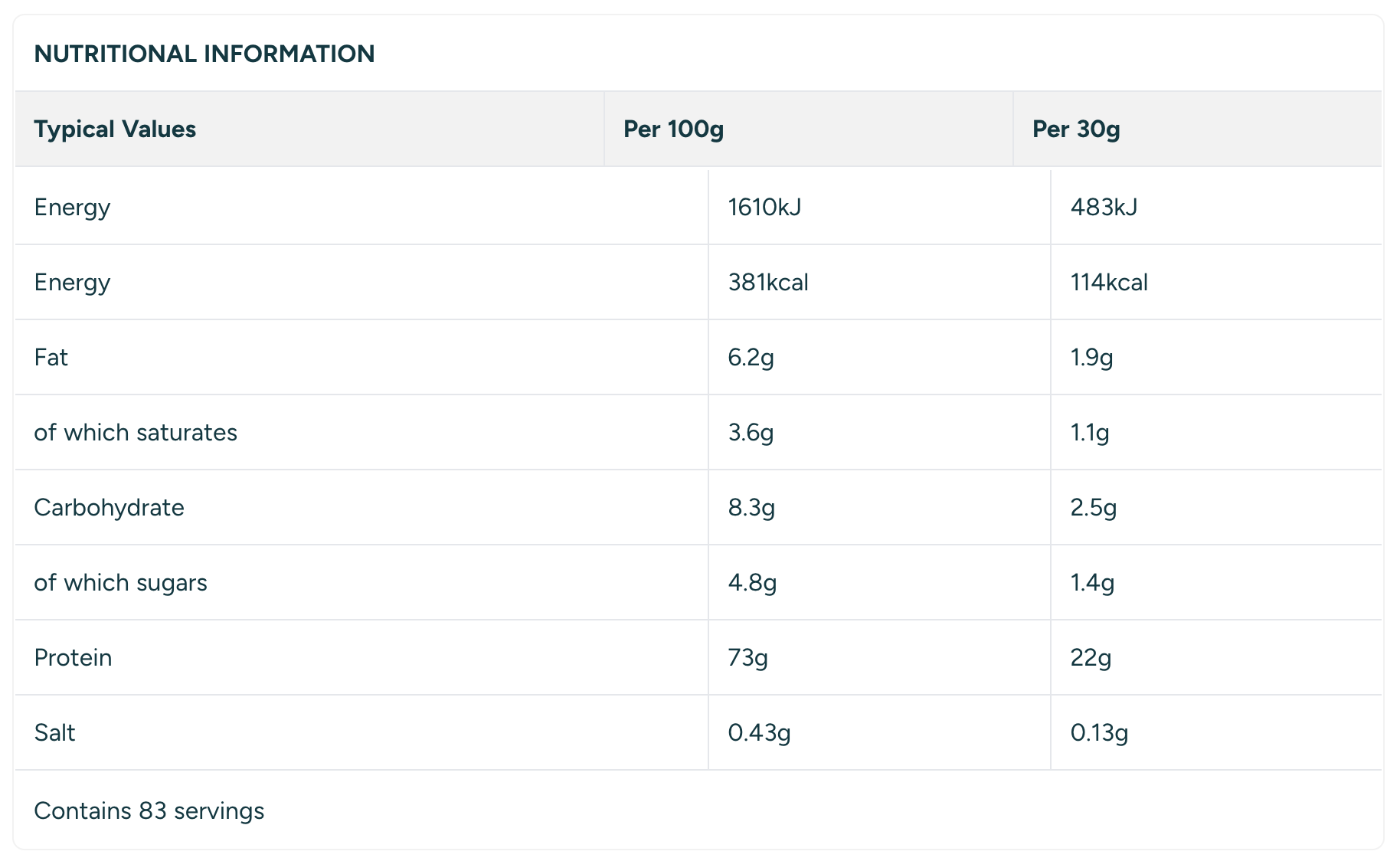 Nutritional information table with values per 100g and per serving.