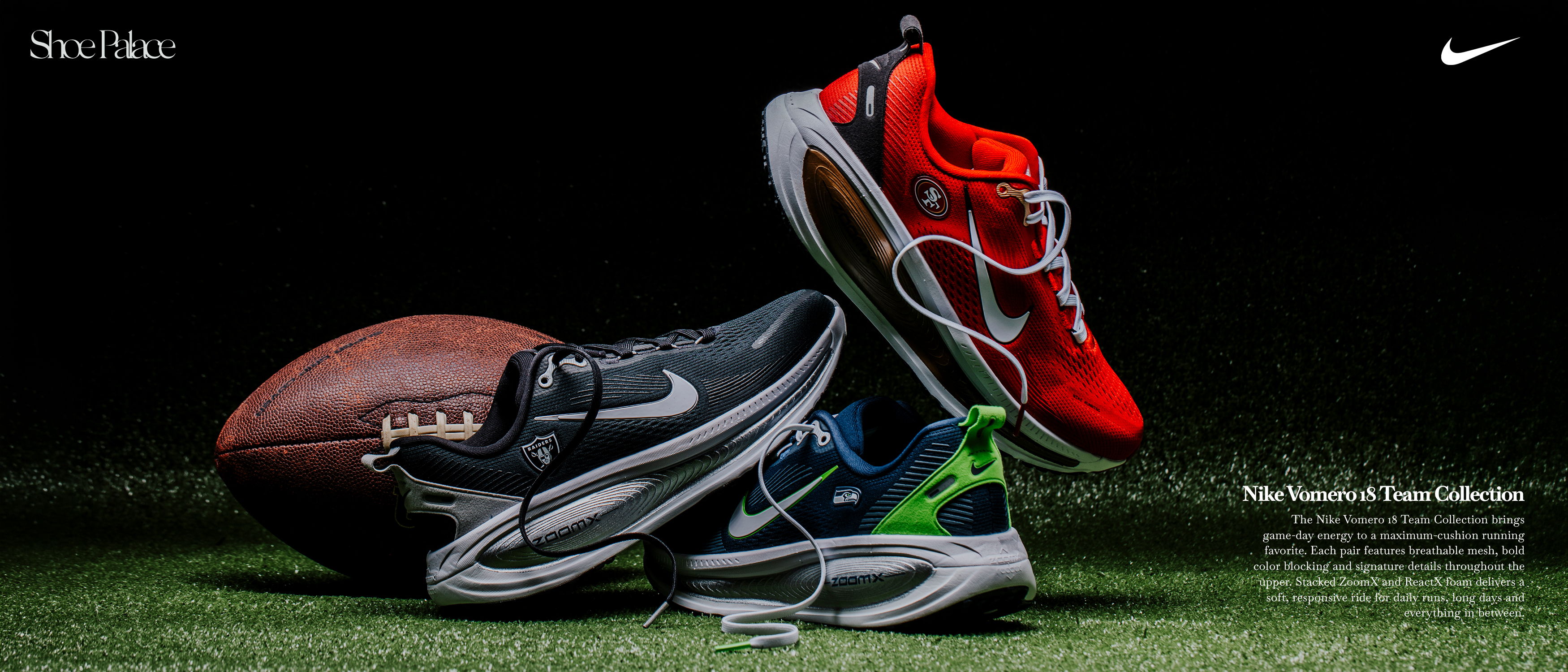 Nike shoes stacked with a football on a grassy surface.