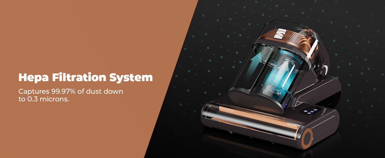 Hepa filtration system with vacuum cleaner and performance details.