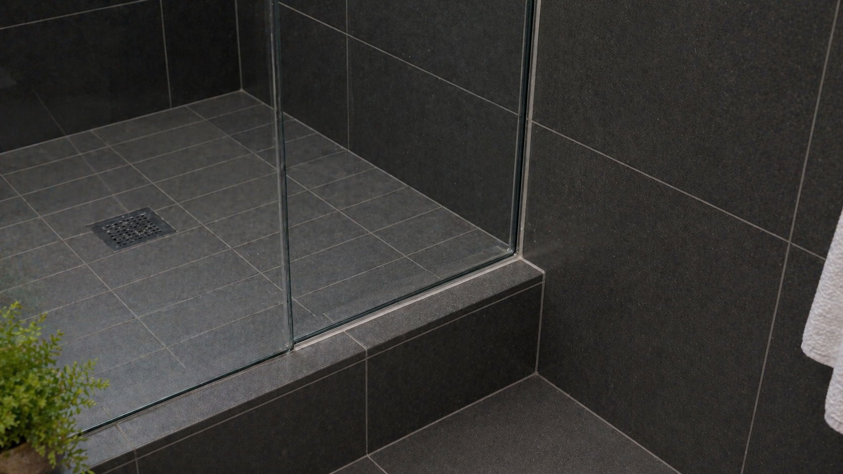 A modern shower with dark tiles and a glass partition.