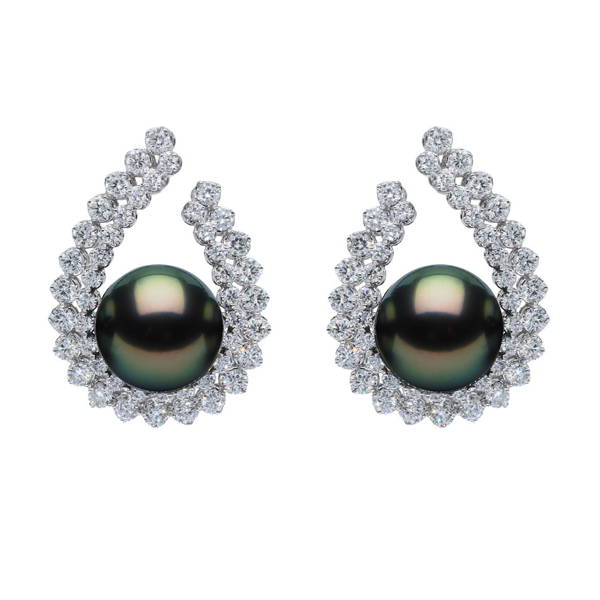 Twist diamond earrings redesigned with heirloom Tahitian black pearls - WILLS JEWELLERY