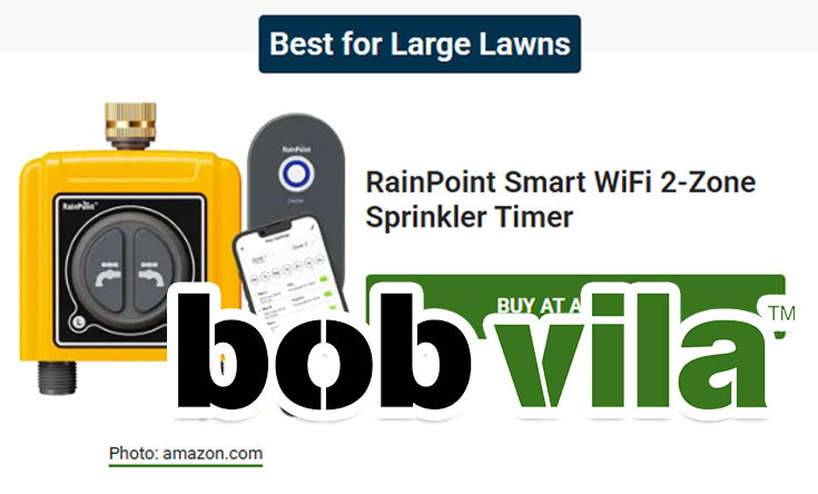 RainPoint Smart WiFi 2-Zone Sprinkler Timer with Bob Vila branding.