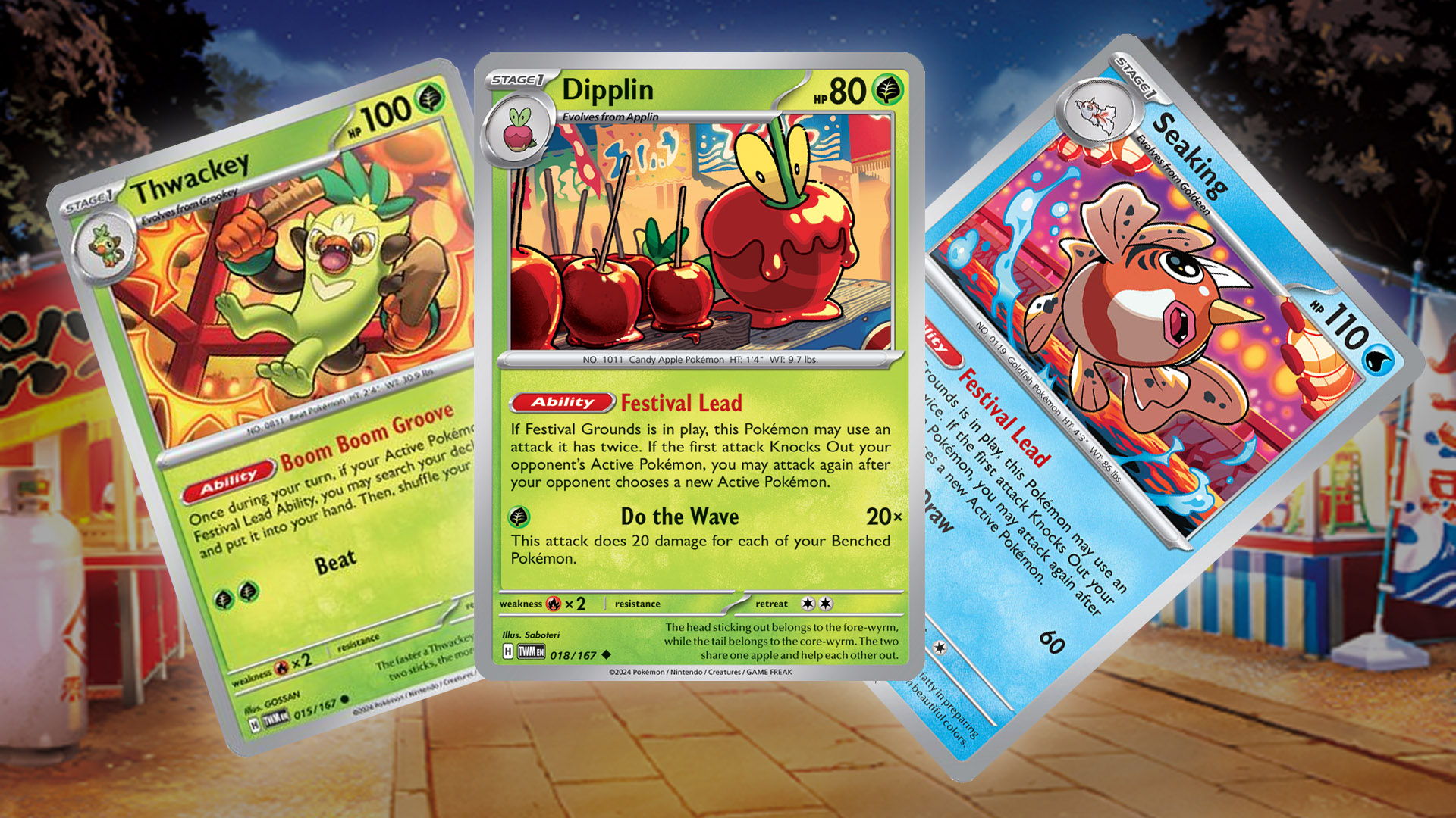 pokémon meta breakdown - The cards Dipplin, Thawackey, and Seaking, 3 key components of the Festival Lead Pokémon TCG deck.