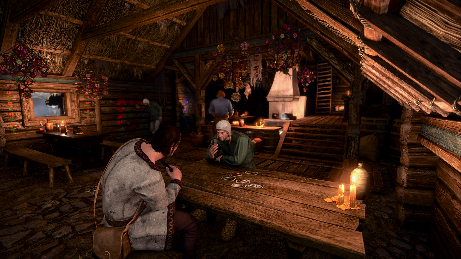 A crowded tavern interior in The Witcher 3