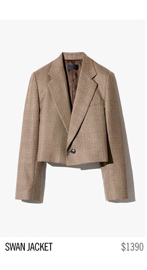 Cropped brown blazer with a single button, labeled 