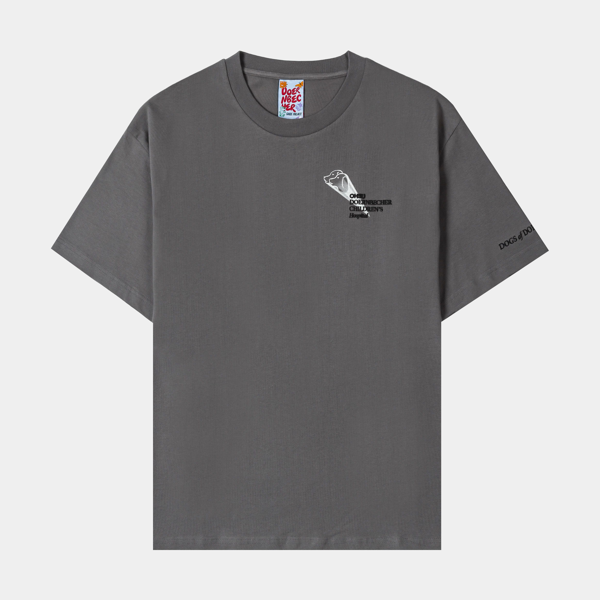 Gray t-shirt with a small graphic design on the front.