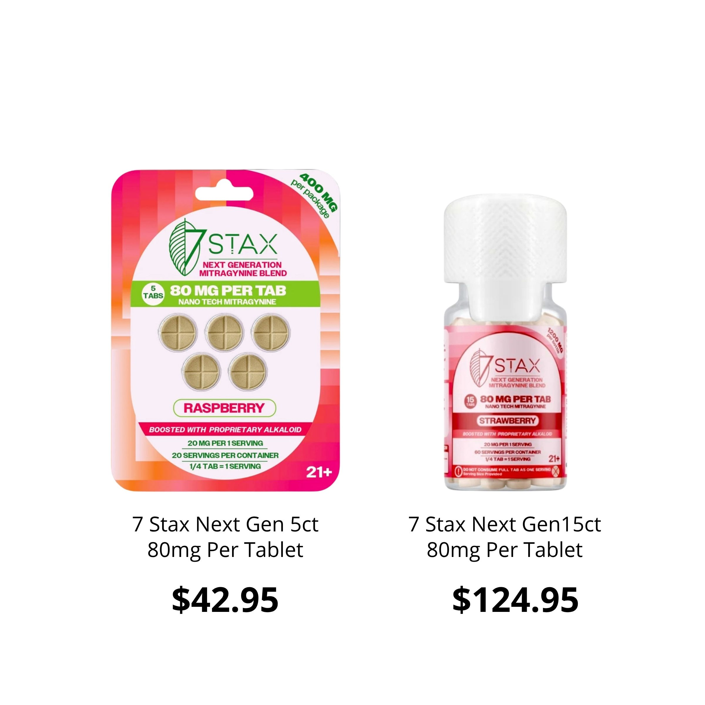 Two products: 7 Stax Next Gen tablets and liquid, with prices displayed.