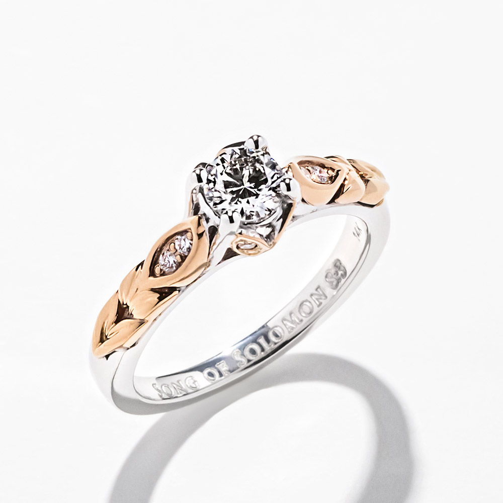 antique nature inspired two tone rose and white gold engagement ring with 1ct round cat lab grown diamond
