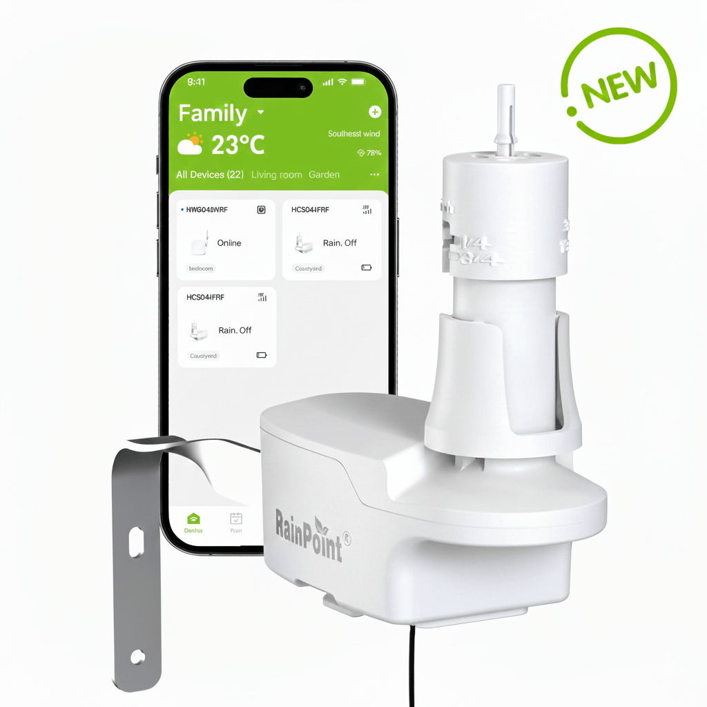 Smart weather station connected to a smartphone displaying temperature.