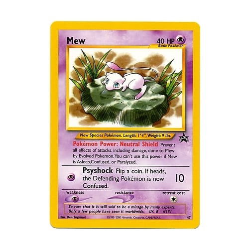 First Mew Pokémon trading card featuring a pink cat-like creature on a green background.