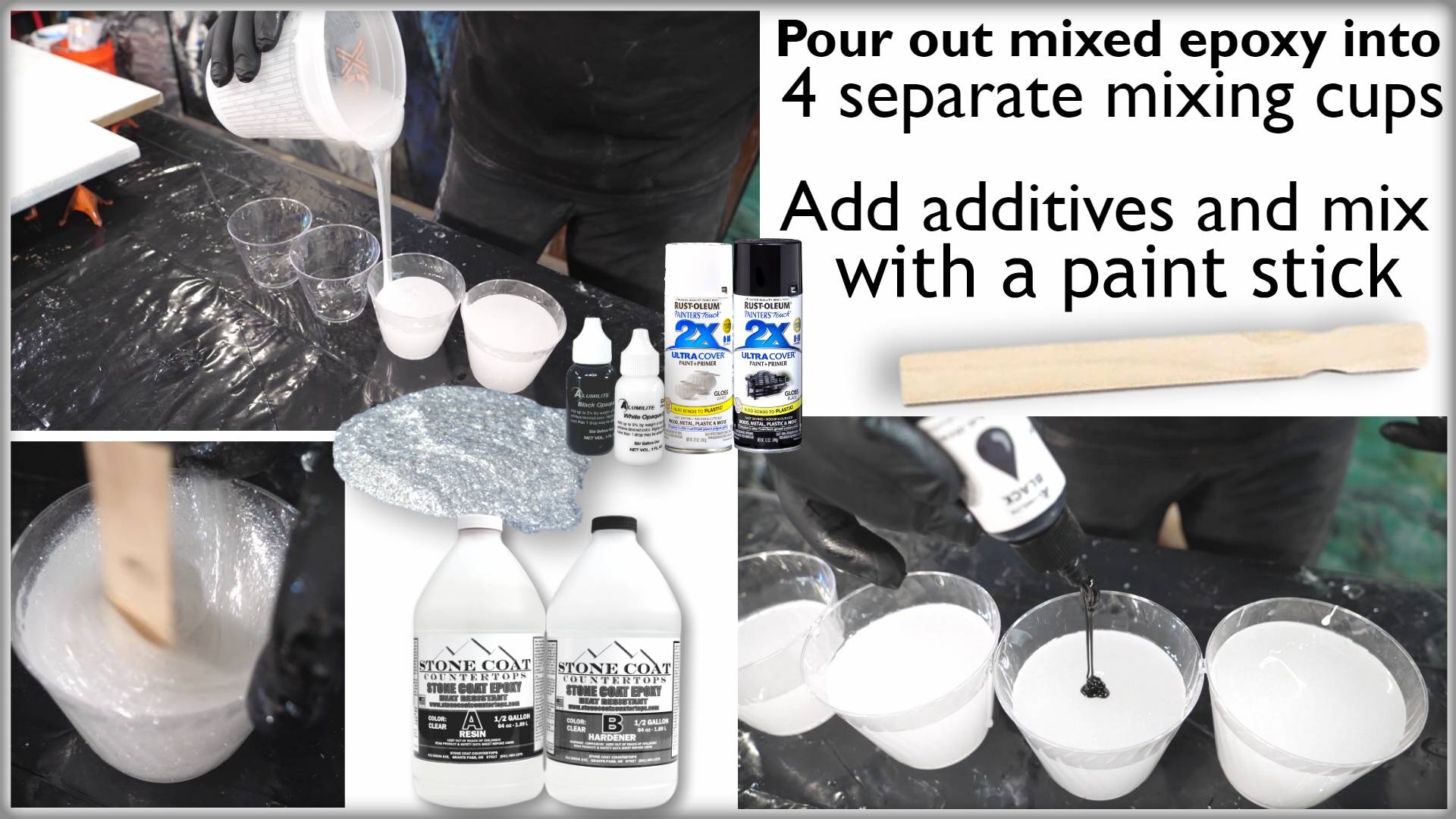 Pour mixed epoxy into 4 separate mixing cups. Add additives and mix with a paint stick.