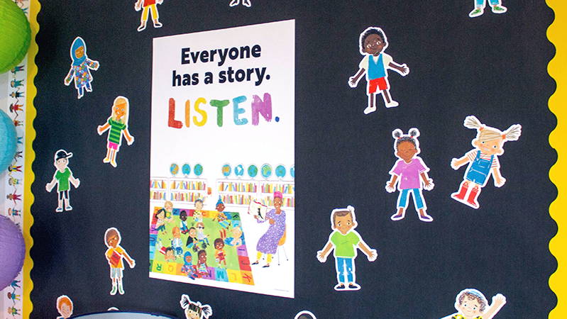 All Are Welcome classroom décor theme showing diversity with classroom cut-outs