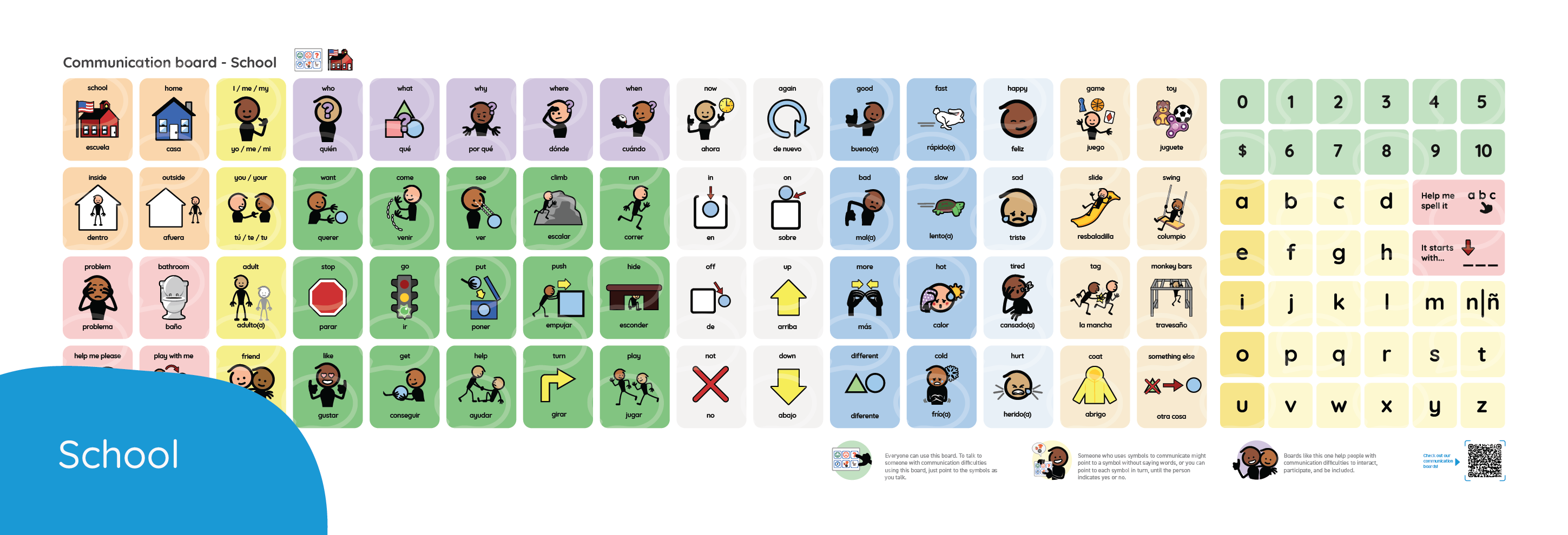 Colorful chart of school-related icons and symbols.