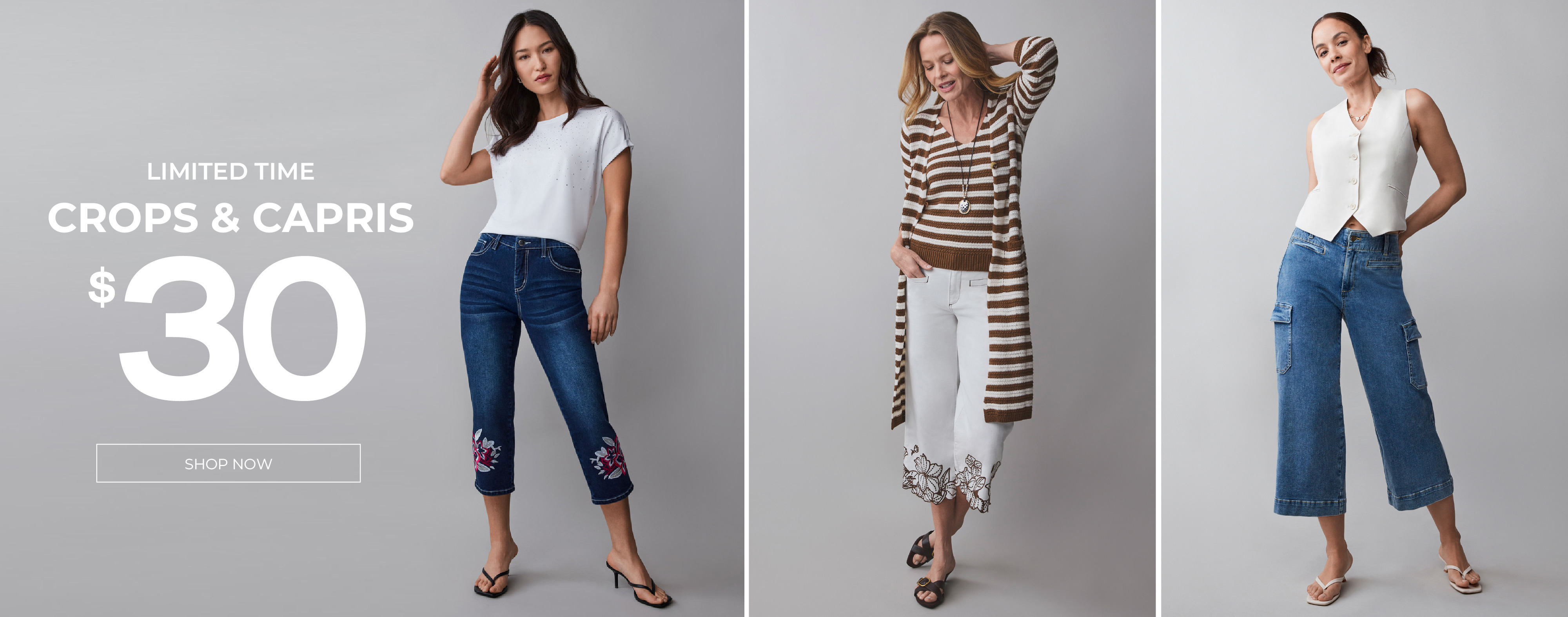 Models showcasing casual outfits with text indicating a promotion, Crops and capris $30.
