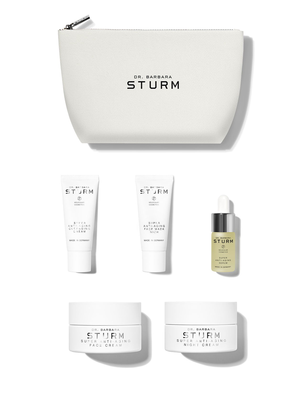 Skincare products and pouch from Dr. Barbara Sturm.
