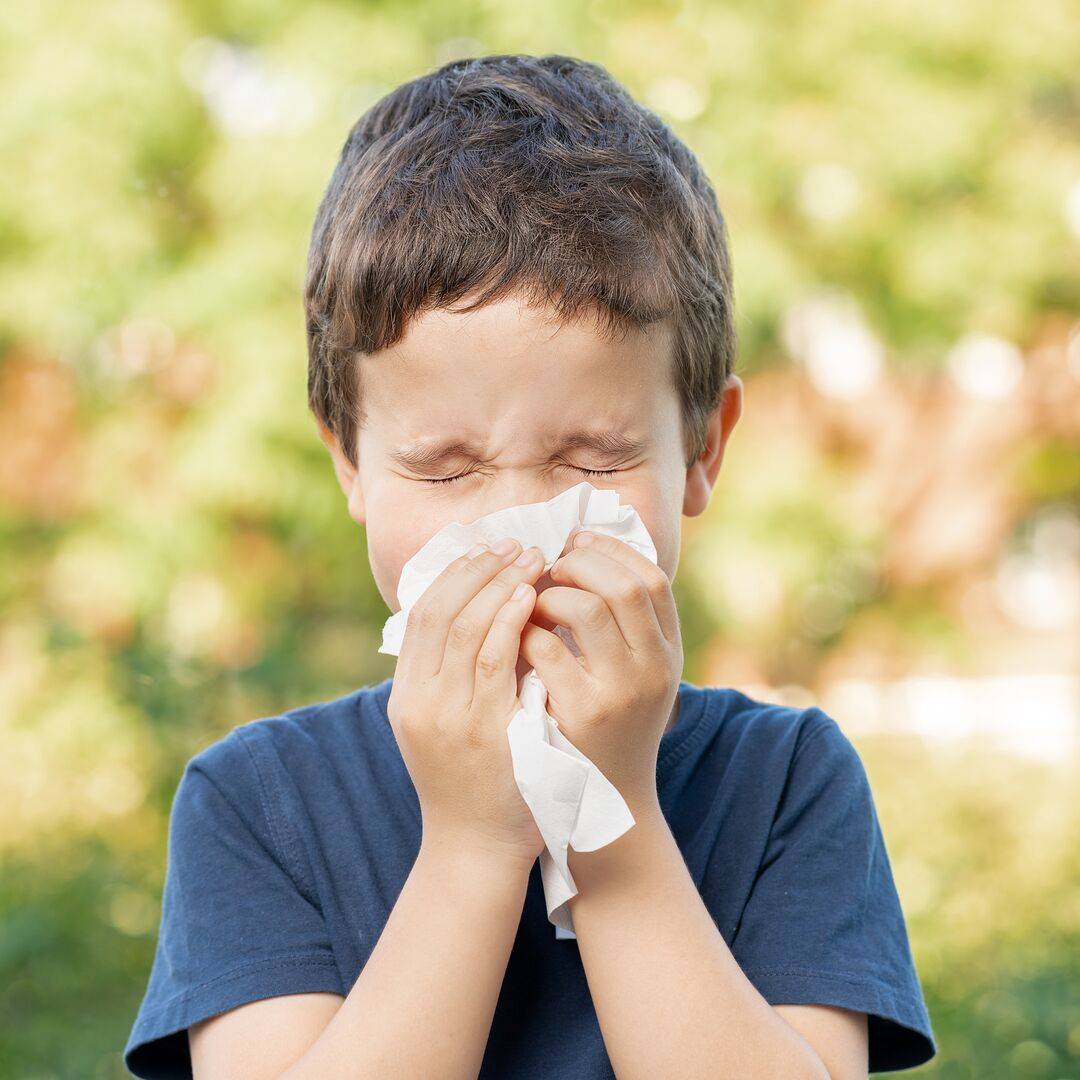 Young boy with his eyes tight shut as he blows his nose. It’s summer when grass pollen can cause seasonal allergies in kids