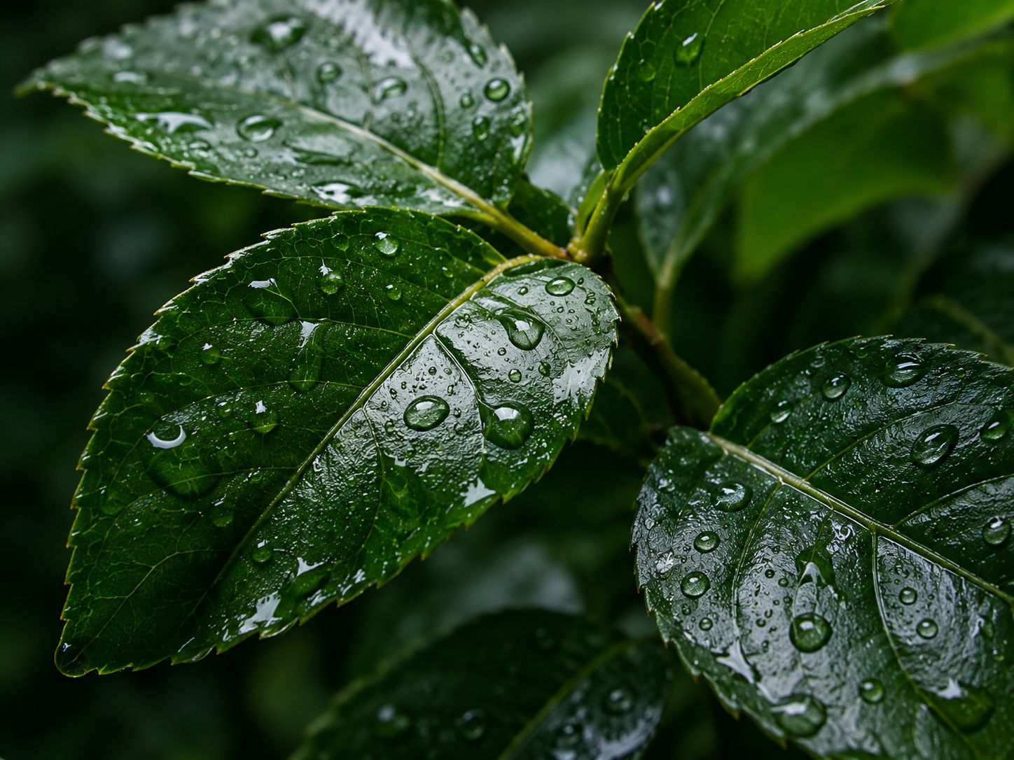 Close-up of green leaves with water droplets on them.