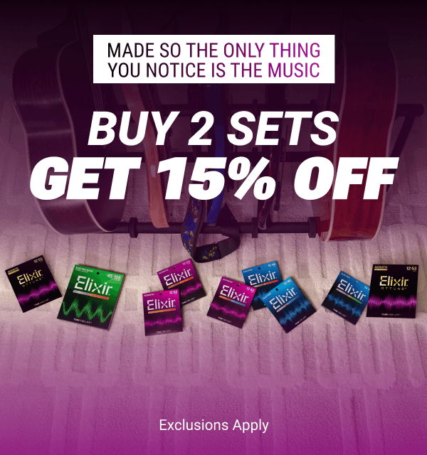 Promotional image for guitar strings with discount offer and slogan about music.
