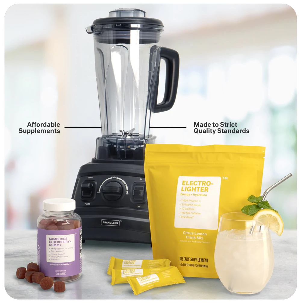 Brandless Pro-blender shown with Electro-lighter citrus lemon drink mix and elderberry gummies. Affordable supplements made to strict quality standards