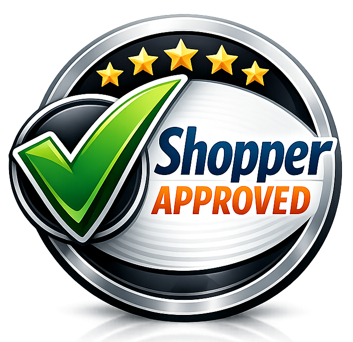 Shopper Approved badge with checkmark and five stars.