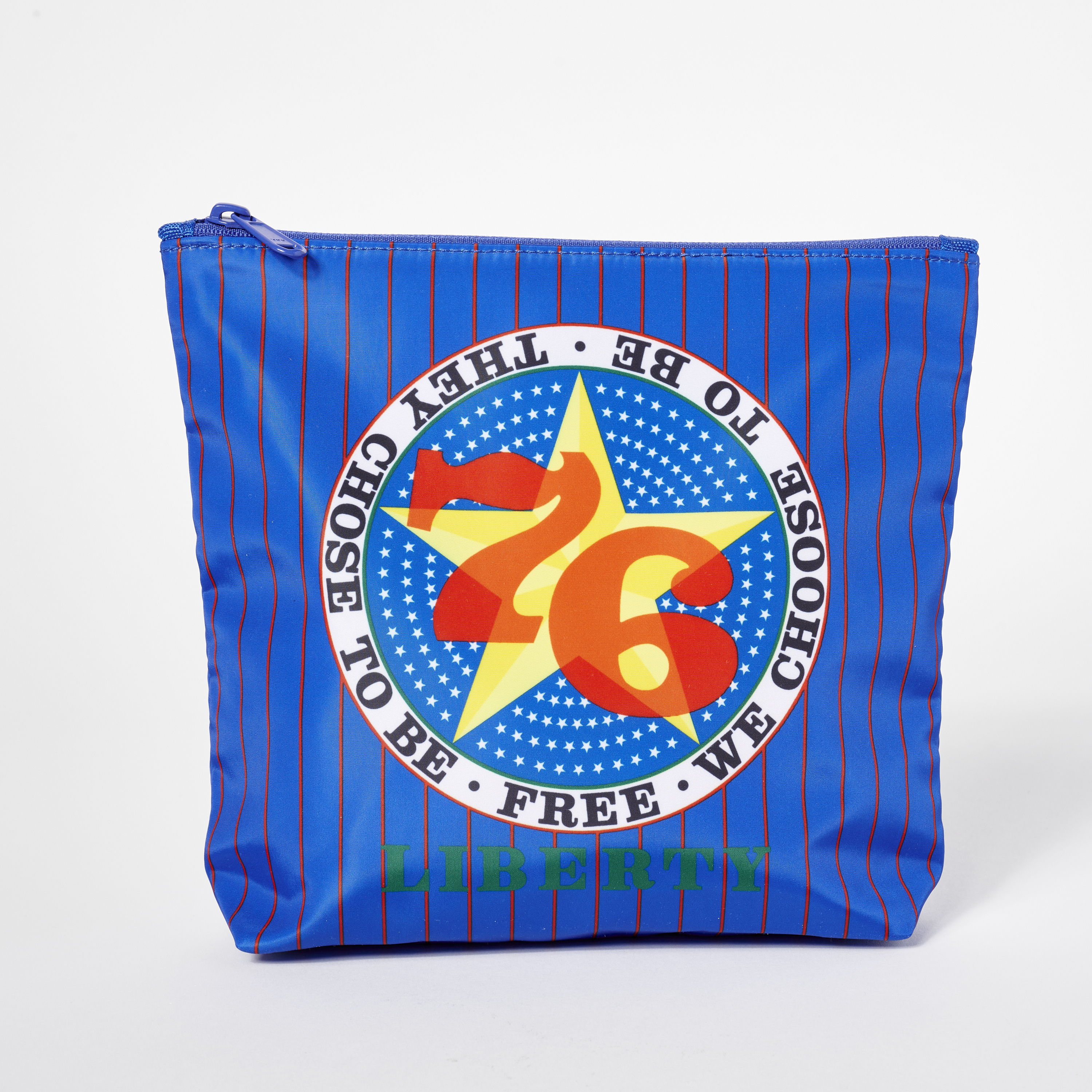 Blue bag with a colorful star and text design.