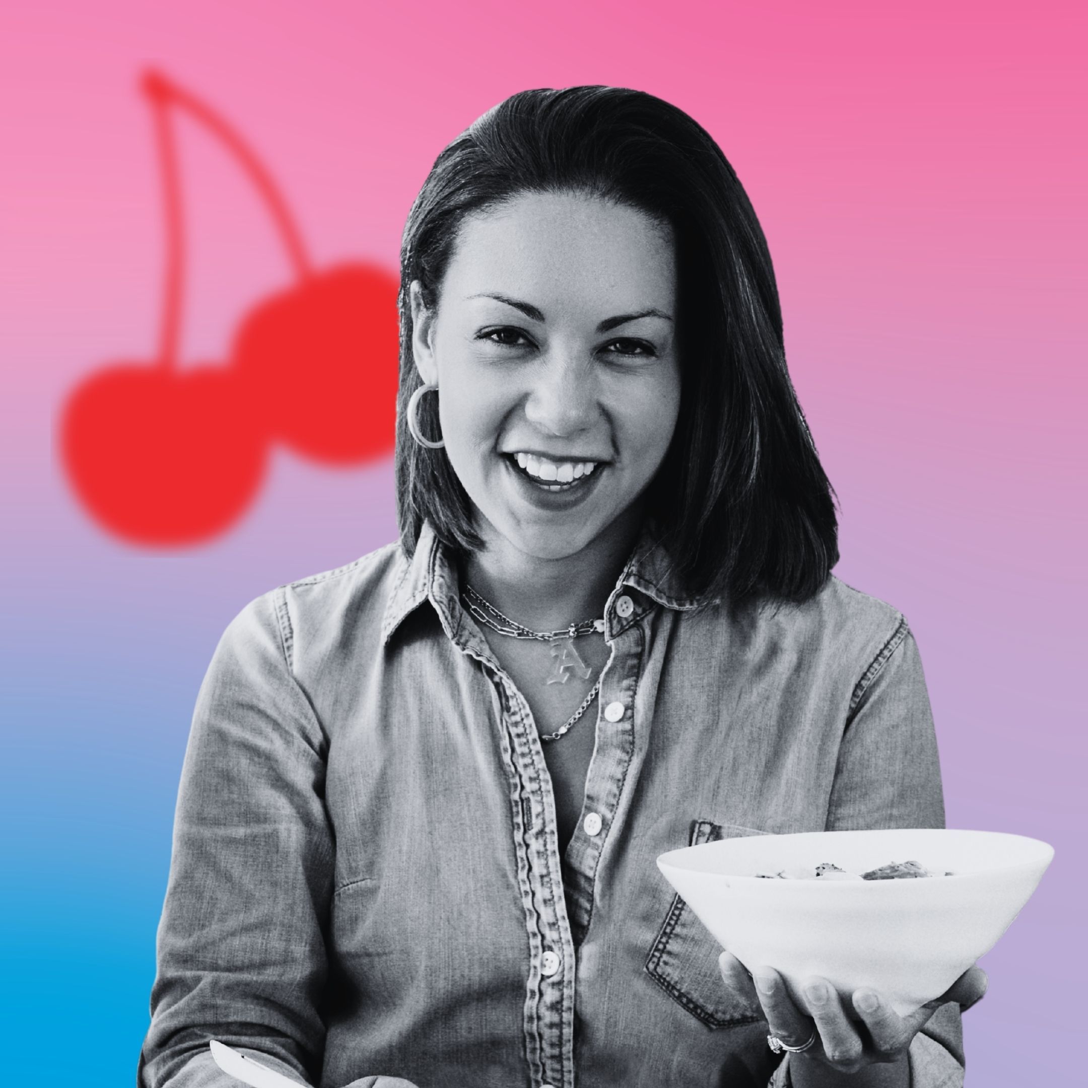 Smiling woman holding a bowl, with cherry graphics in the background.