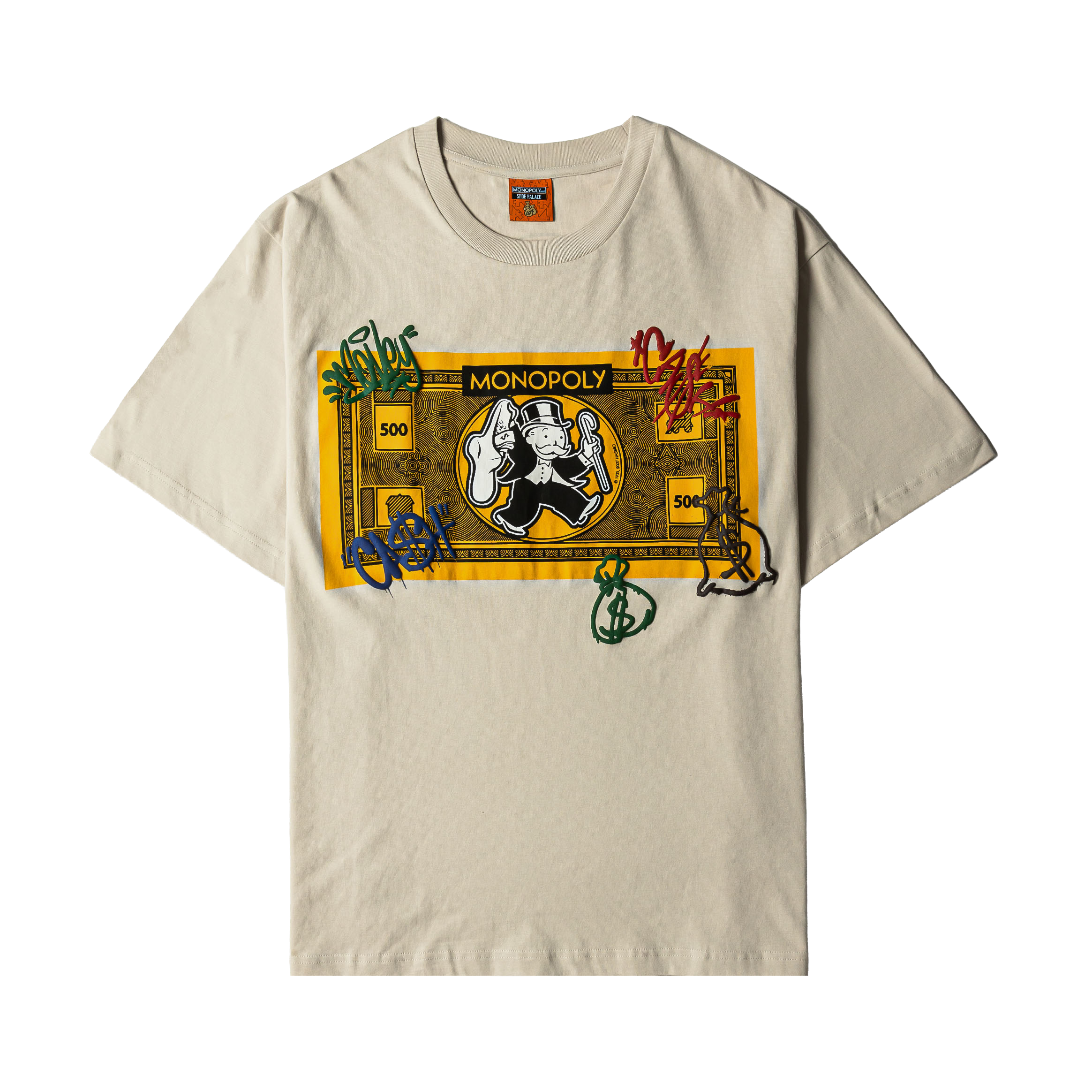 Beige t-shirt featuring a Monopoly money graphic and colorful game pieces.