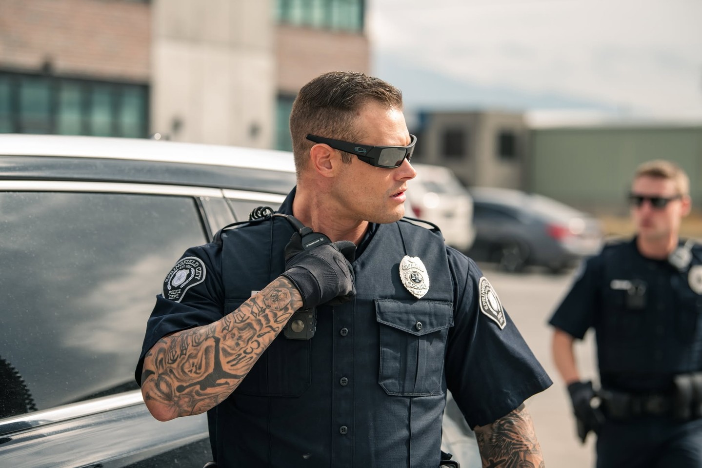 Two police officers in uniform, one using a radio, near a vehicle.